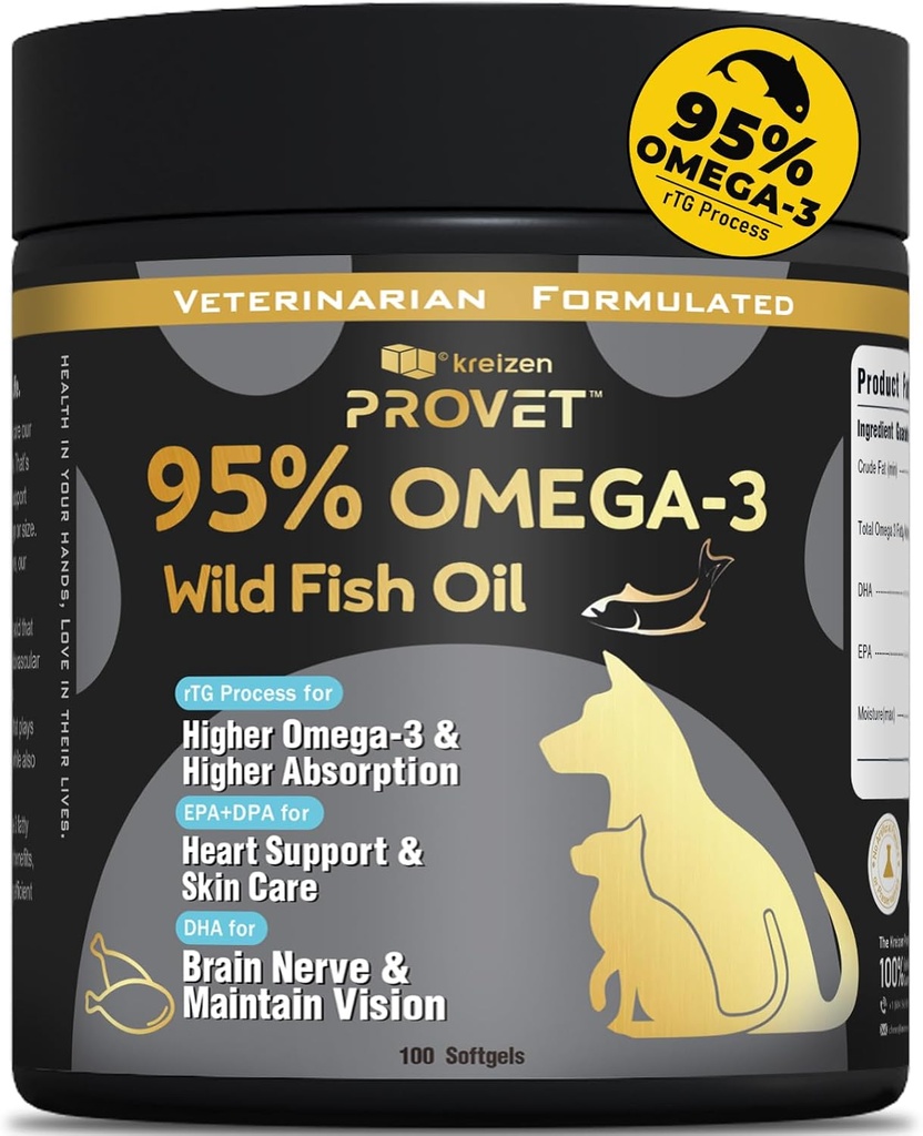 95% Omega 3 kalaõli koertele ja kassidele, Vet-Formuleeritud RTG töödeldud lõheõli, maksimaalne EPA & DHA, toetab südant, nahka, katet, liigest, südant ja immuunsust, 100 pehmet geeli