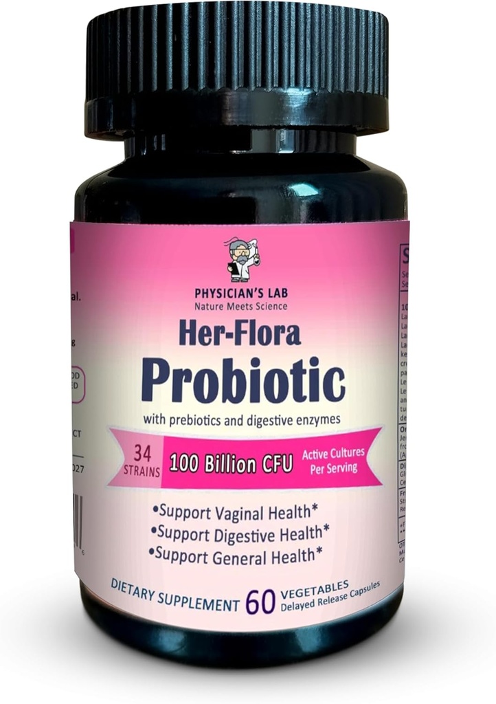 Arsti labor Her-Flora Naiste probiootiline 100 miljardit CFU kapsli kohta, mitte-GMO, 34 tüve, prebiootikumid ja seedeensüümid, Gut & Vaginal Health, H.Pylori Support, 60 Veg Caps, 2-kuuline pakkumine!