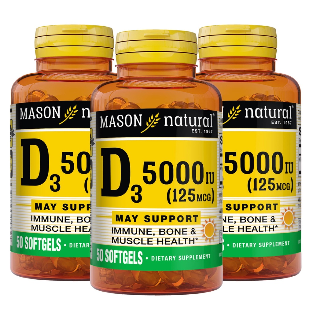 MASON LOODUSLIK vitamiin D3 125 mcg (5000 RÜ) - toetab üldist tervist, tugevdab luud ja lihased, alates kalamaksaõli, 50 Softgels (pakk 3)