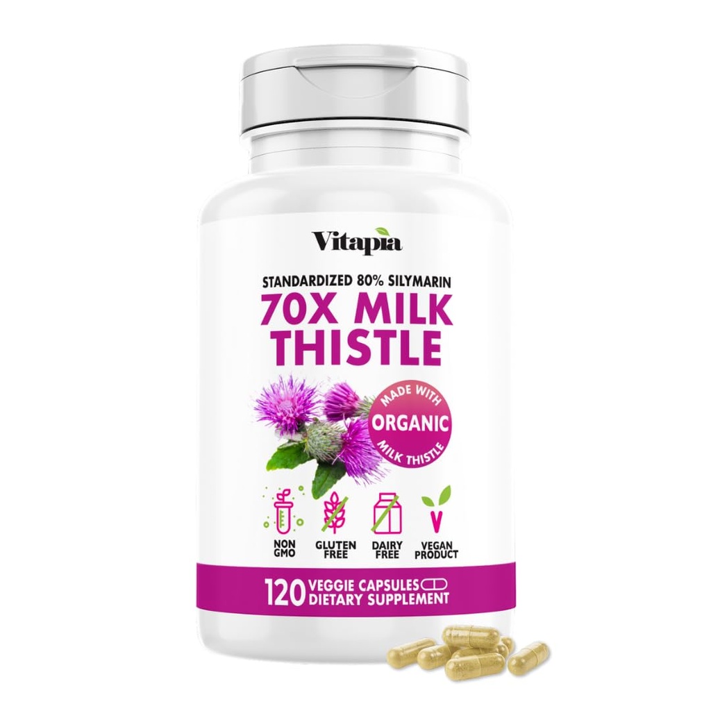 Vitapia Orgaaniline Piimaohakas Ekstrakt 70: 1 täiendus - Maksapuhastus Detox & Remont, Maksatervise Toetus, Antioksüdandid - 120 Vegankapslit, Non GMO, Gluteenivaba