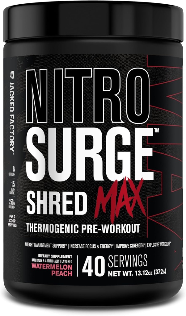 Jacked Factory Nitrosurge Shred Max Preworkout - High-Performance Thermogenic Pre Workout Pulber meestele ja naistele - L Tsitrulline, Atsetüül L Karnitiin, Orgaaniline Kofeiin - 40 Servings, Arbuus Virsik