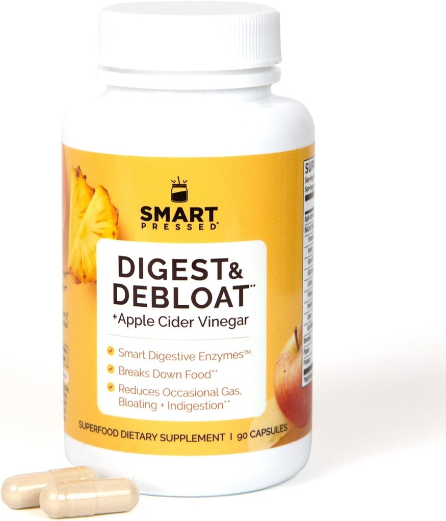 SMART Pressed Juice Digest & Debloat Digestive Ensüümid Kiire tegutsemine happe refluksi Seedimine Kõrvetiste gaasi Bloat | Kõik looduslikud seedehäired Tervis Apple siidriäädikaga, 90 kapslit valmistatud USA-s