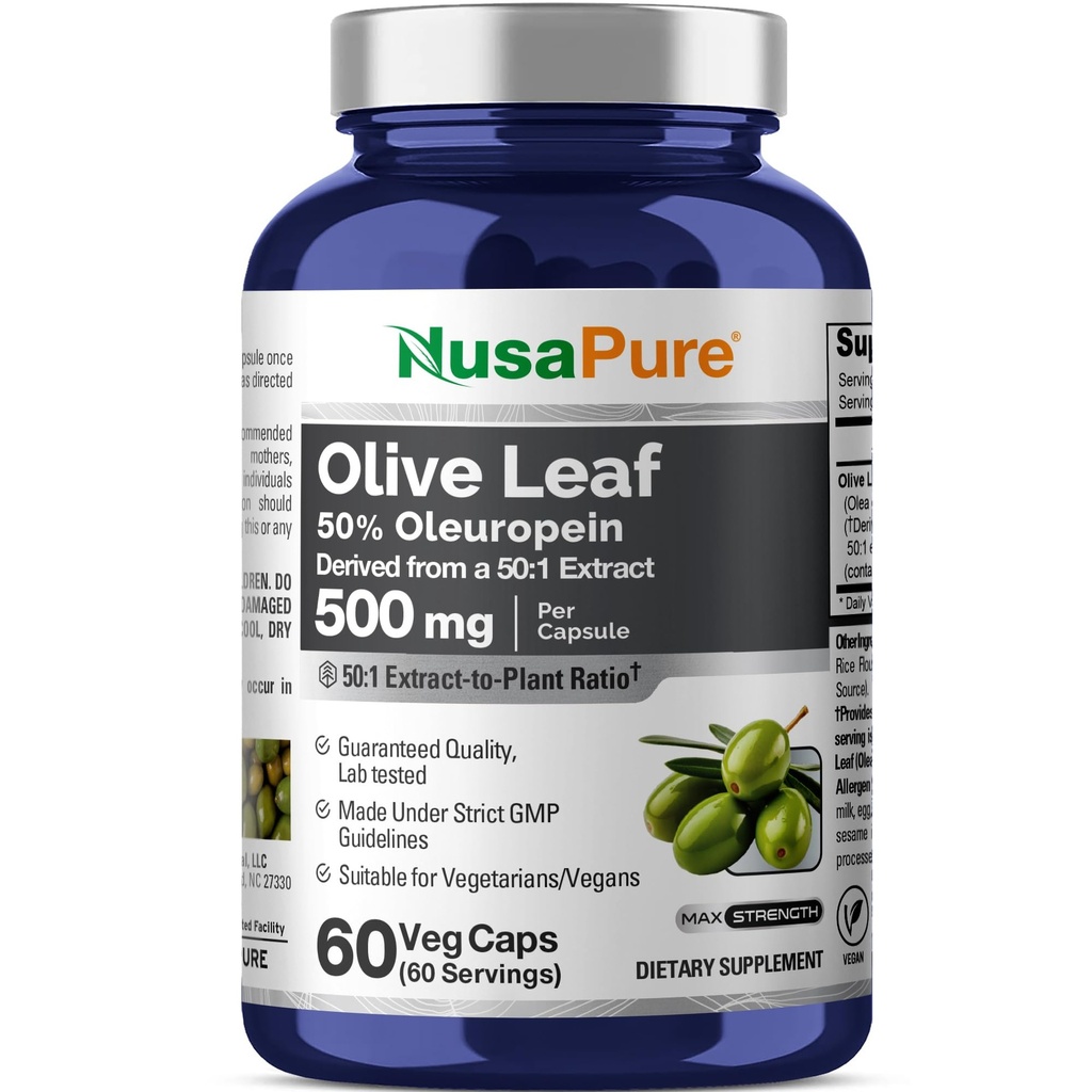 NusaPure Olive Leaf 50: 1 Ekstrakt , 500 mg , mis vastab 25 000 mg - 50% Oleuropein Vegan / Taimetoitlane - Super Tugevus No Oil 60 kapslit