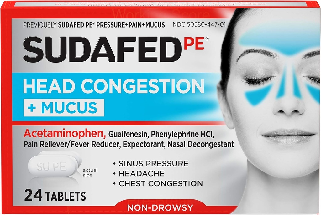 Sudafed PE pea ummistus + lima tabletid siinusrõhu, valu ja ummikute jaoks, 24 ct