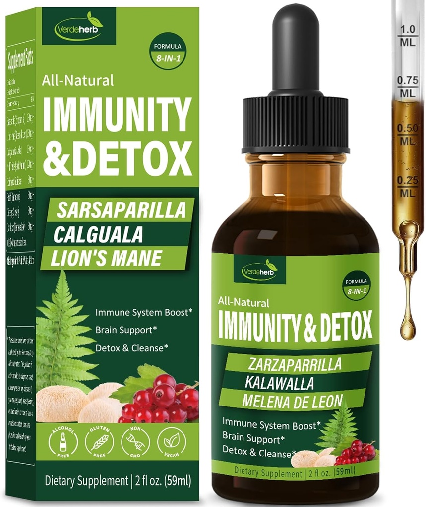Sarsaparilla & Kalawalla juur (Polypodium Leucotomos) Immunity & Detox Drops, Natural Herbal Immune Support Formula w/Lion's Mane. Gotas de Zarzaparrilla, Cardo Mariano y Melena. 2oz