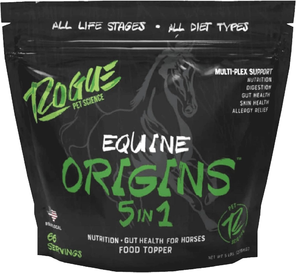 ROGUE PET SCIENCE Origin 5-in-1 Horse Supplement - Pelleted Equine Food Topper w / Natural Omega 3 Fish Oil - Toetab soolestiku tervis, Ulcer Relief & liigesed-Helps Allergia, Naha ja Coat Health (5 naela)