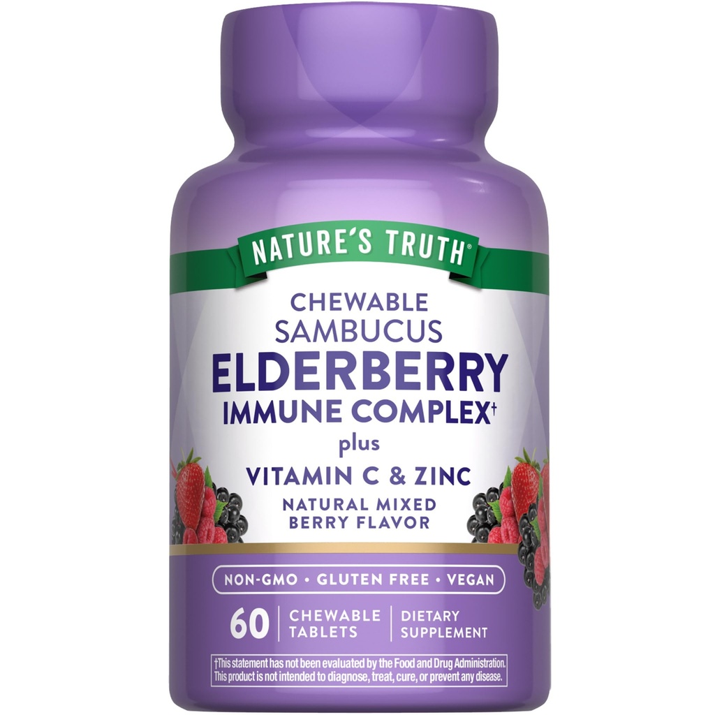 Looduse tõde Elderberry Immuunkompleks | 60 närimistabletti | Plus C-vitamiin & tsink | Segatud marja | Vegan, mitte-GMO ja gluteenivaba toidulisand