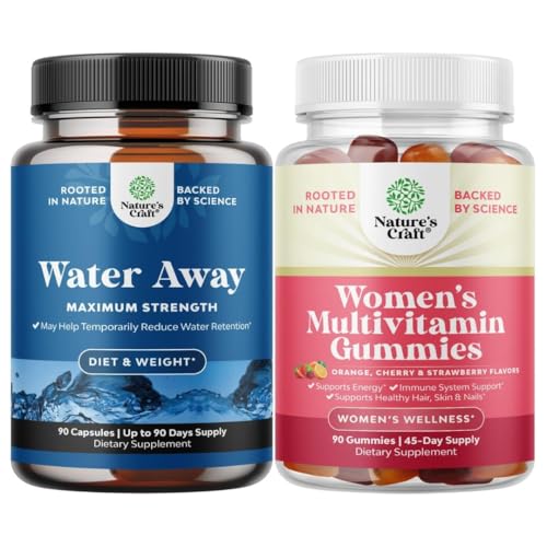 Bundle of Water Away Pills - Fluid Retention Supplement koos Dandelion Leaf Extract puhumiseks Relief - Kapslid jalgade ja jalgade turse ja naiste multivitamiini kummikud täiskasvanutele Energia ja immuunsus