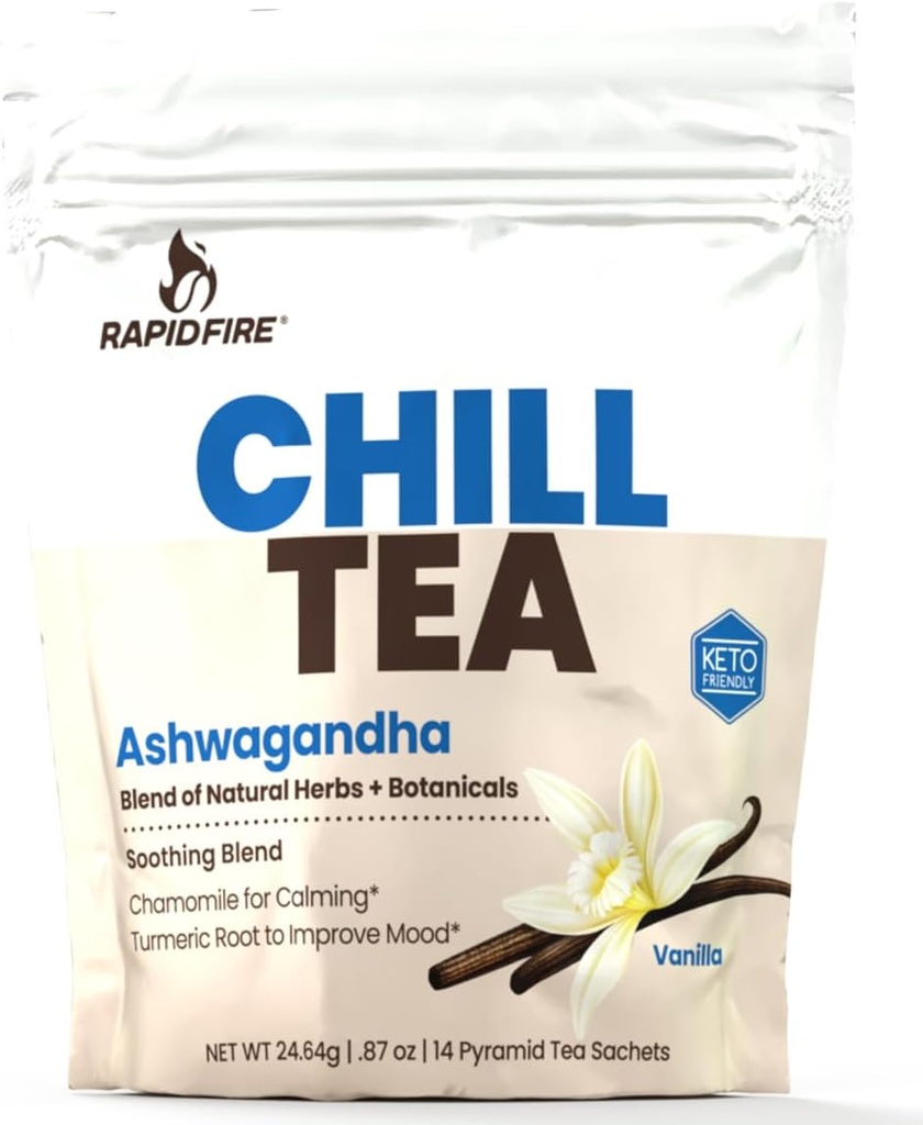 Chill tee, rahustav segu, soodustab lõdvestumist, ashwagandha, kummeli, kurkumi, stressi leevendamise tee, kofeiinivaba, 14 teekotti, 14 serveerimist