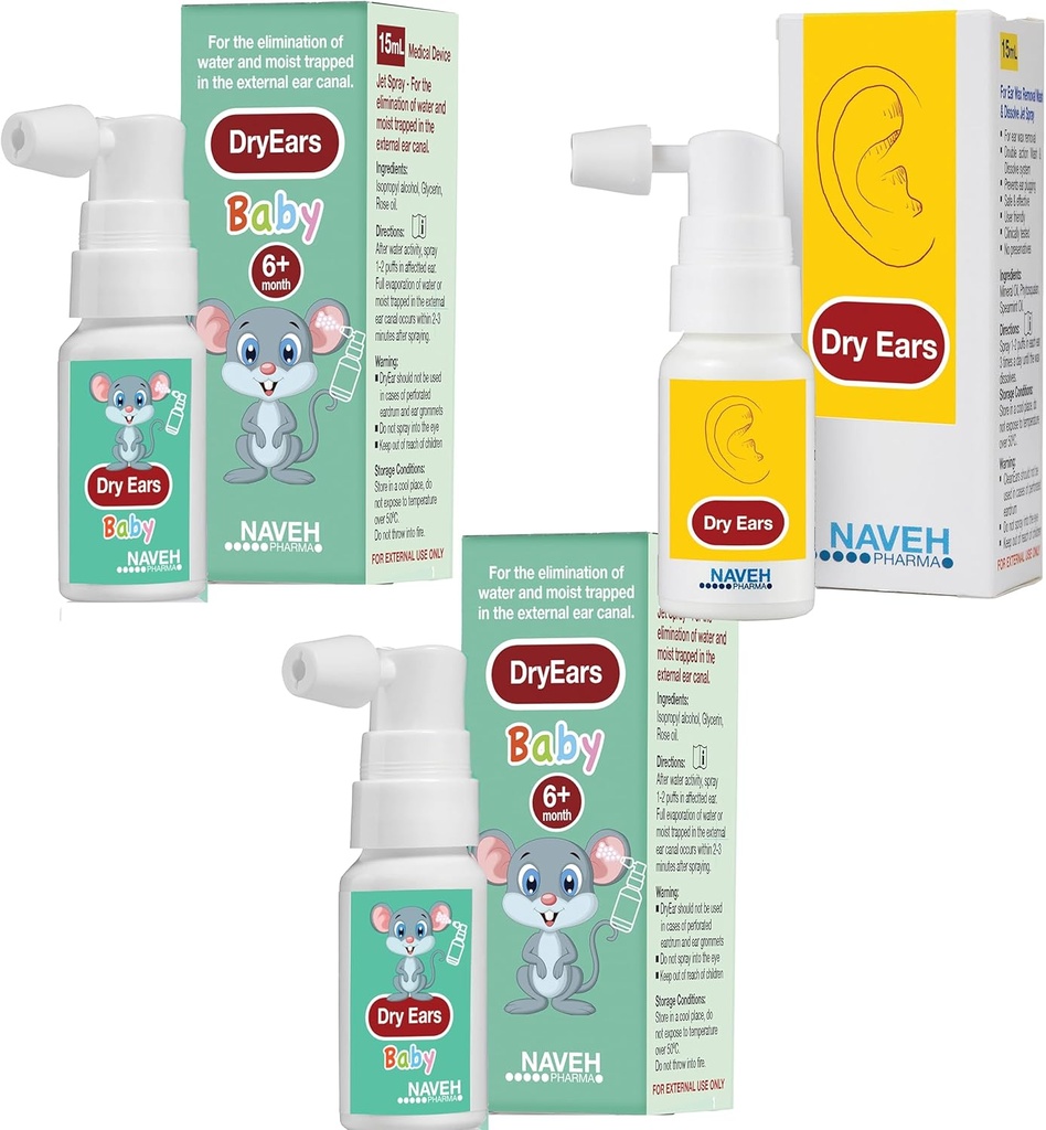 NAVEH PHARMA (2 ühikut kuiva kõrvad Baby 0,5oz + 1 ühikut kuivkõrv 1oz) - Ujujad Kõrva tilgad Spray - Kõrvakuivad tilgad Ujujad Täiskasvanud ja lapsed / Eemaldage vesi lõksus kõrvad ja vältida, infektsioon,