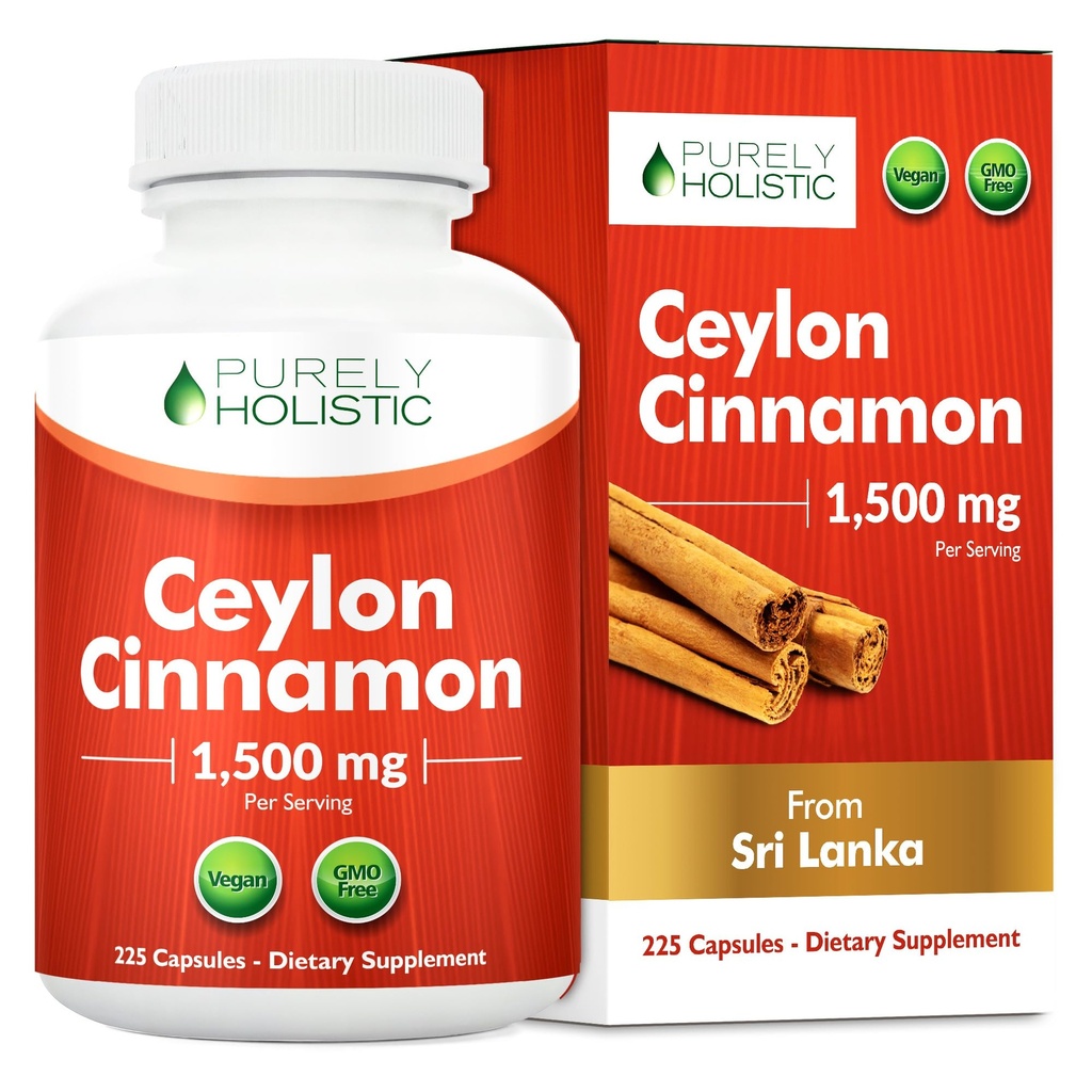 Puhtalt holistiline tseiloni kaneeli kapslid 1500mg, 225 Vegan kaneeli kapslid, 75 päeva pakkumine (25% rohkem serveerimist), Tõeline Sri Lanka Ceyloni kaneelilisa