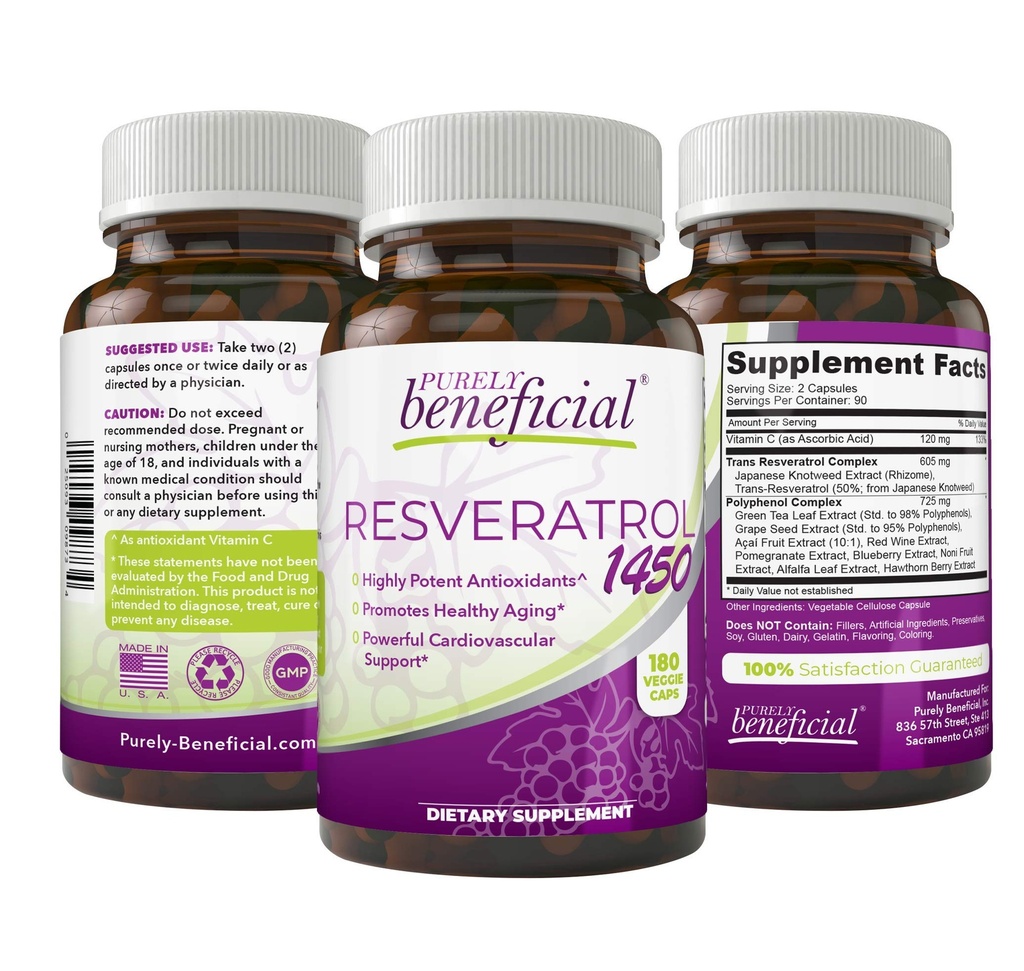 PUHASELT kasulik RESVERATROL1450-90 päeva pakkumine, 1450 mg tugevate antioksüdantide ja trans-resveratrooli serveerimise kohta, edendab vananemisvastast, kardiovaskulaarset tuge, maksimaalset kasu (1 pudel)