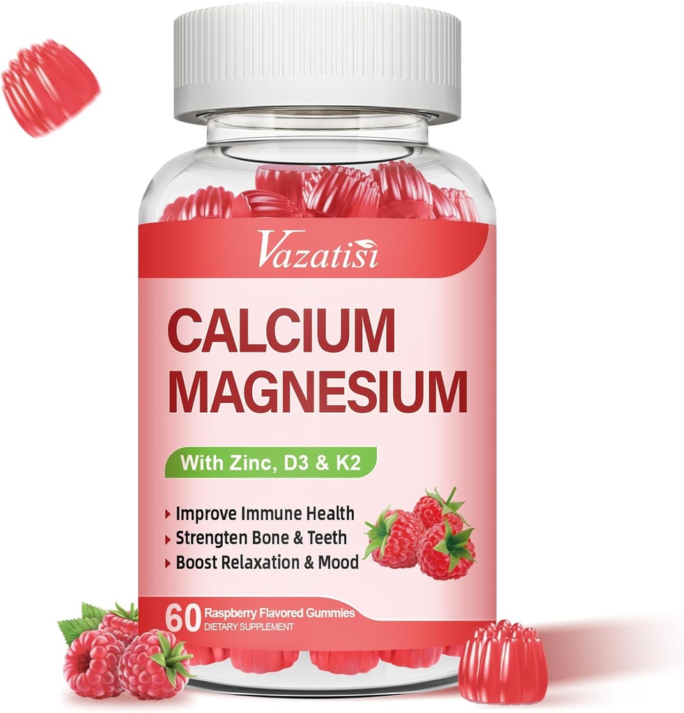 Kaltsium Magneesium Tsink Kummid Vitamiin D3 & K2, Kõrge imendumine Magneesium Glütsinaat Kaalium Immuunseks ja rahulikuks meeleolu, Vaarika Maitse 60 Gummies
