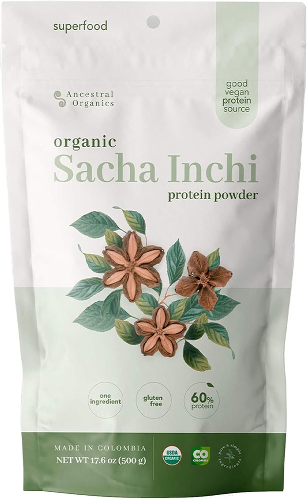 ANCESTRAL Organics Vegan valgu pulber, Sacha Inchi sertifitseeritud orgaaniline supertoit - 17 g taimset valku - toitainerikas - gluteenivaba, piimavaba, suhkruvaba - 1,1 lb