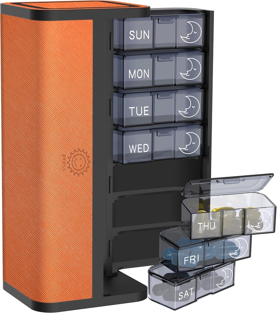 7-Päevane AM / PM Pill Korraldaja Scratch-Resistant Leather Case - Portable Weekly Travel Medicine Box koos eemaldatavate Daily Pods & Privacy Design (Bright Orange)