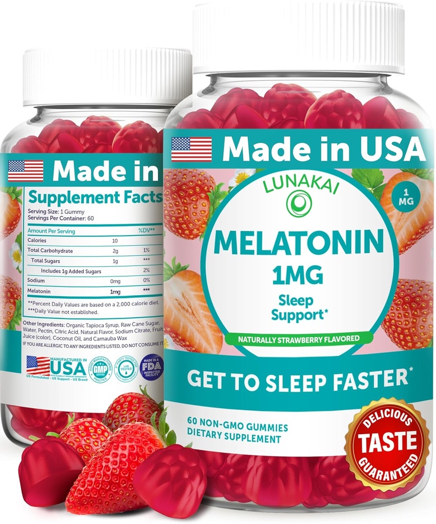 Lunakai USA Made Low Dose Melatoniin Gummies 1mg - õrn uneabi täiskasvanutele ja lastele - mitte-GMO, vegan, gluteenivaba - 60 Count