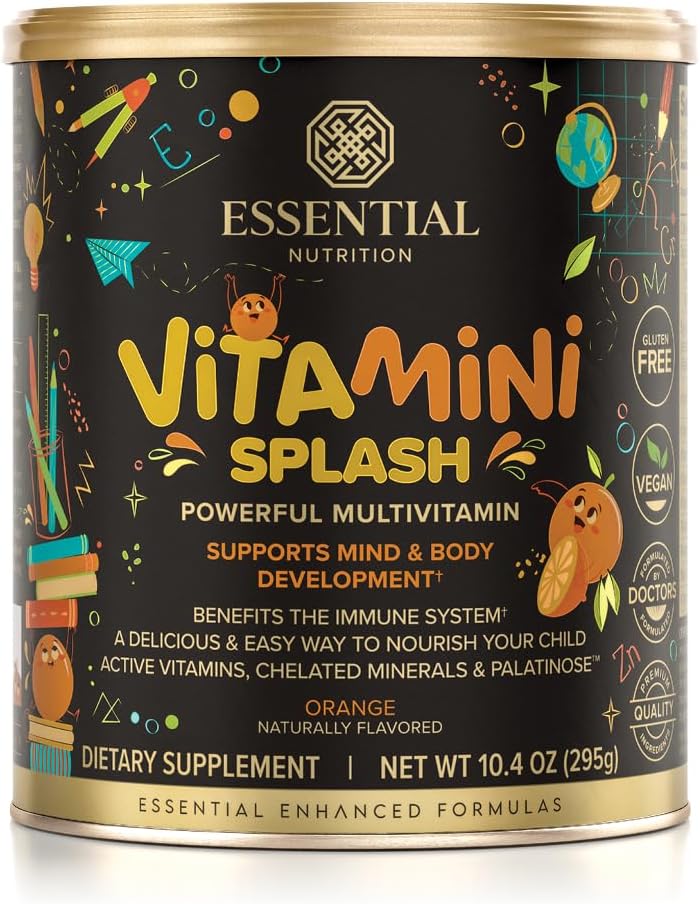 Essential Nutrition Vitamini Splash - Kids multivitamiini pulber - toitumisalane tugi - 13 aktiivset vitamiini ja 6 kelaaditud mineraali, prebiootiline kiud - oranž maitse - (10,4 oz) - vegan