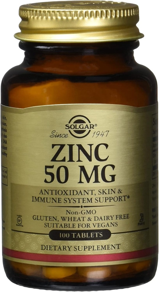 Solgar Zinc 50 Mg, 100 tabletti - tsink tervislikule nahale, immuunsüsteemile ja antioksüdandile - 100 serveerimist, 100 loendamist (12. pakend)