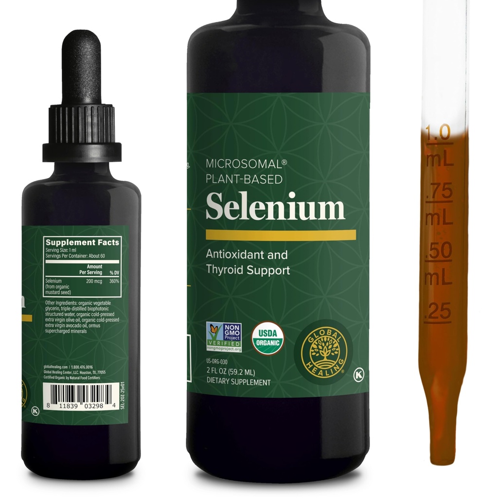 Global Healing Center - Selenium 200mcg, Selenium Supplement tilgad orgaaniliste koostisosadega, Antioksüdandid kilpnäärme ja immuunsüsteemi tugi, mitte-GMO ja gluteenivaba, meestele ja naistele - 2 Fl Oz