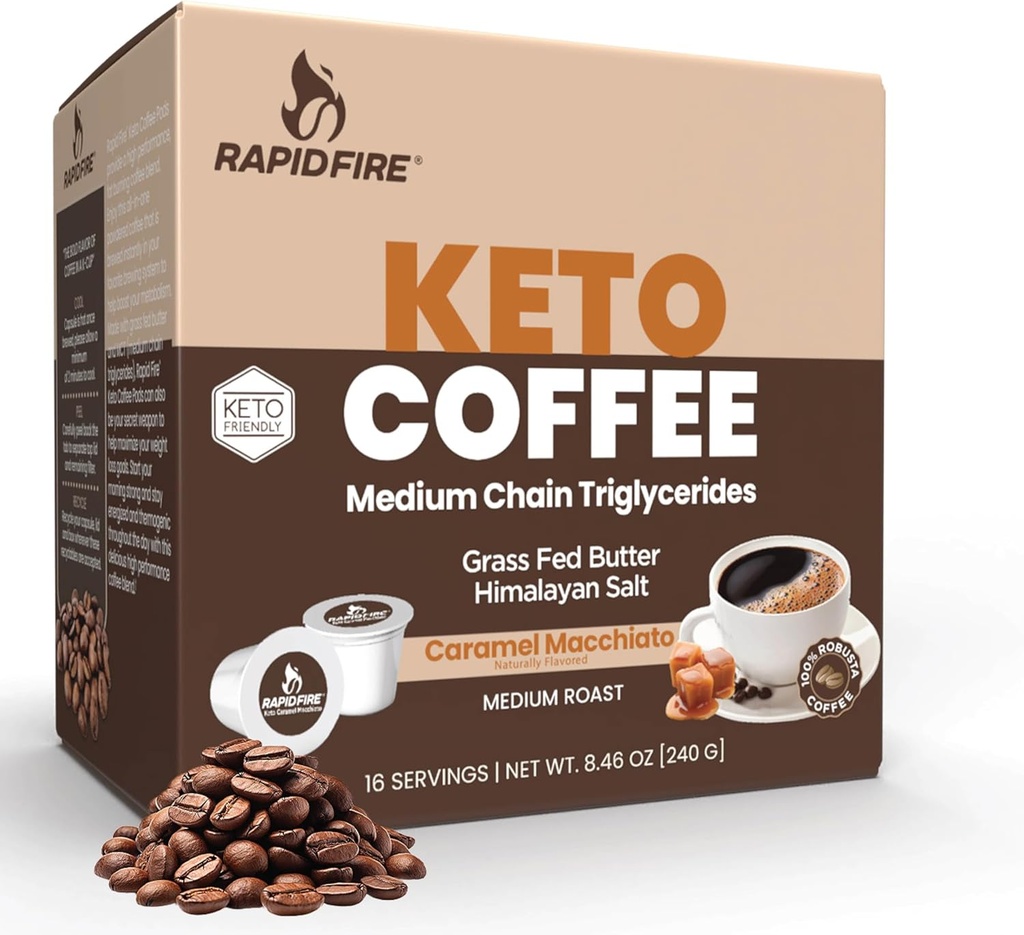 Rapidfire Caramel Macchiato Ketogenic High Performance Keto Coffee Pods, toetab Energy & Metabolism, Kaalujuhtimine, Single Serve K Cup, Brown, 16 Count