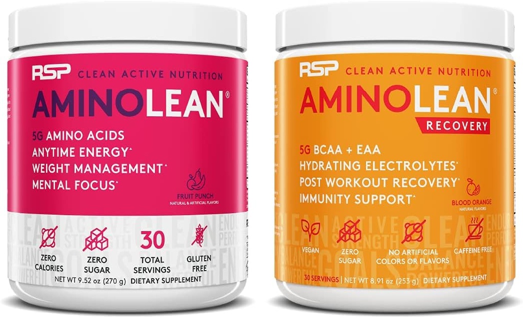 AminoLean Pre Workout Energy (Fruit Punch 30 Servings) koos AminoLean taastamise post Treening Boost (Blood Orange 30 Servings)
