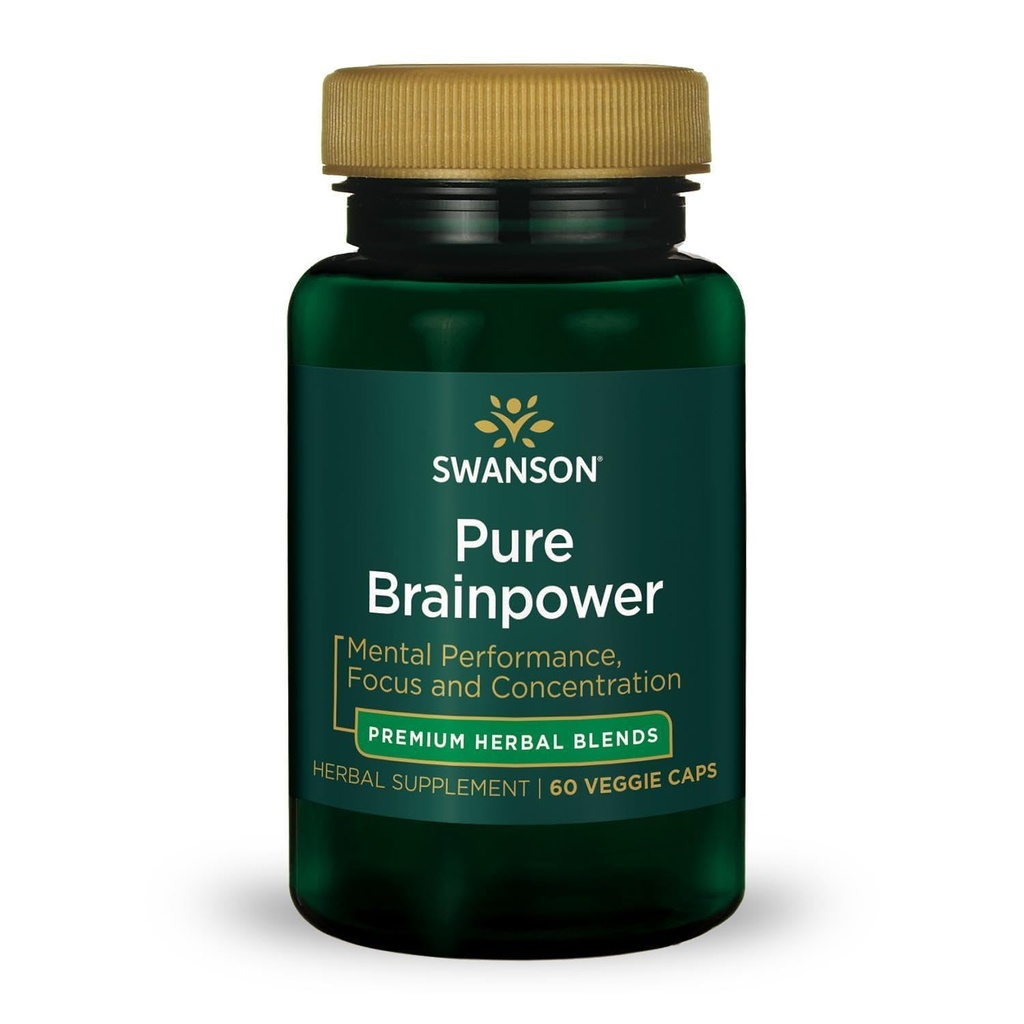 Swanson Pure Brainpower Aju Tervise Kognitiivne Mälu Fookuse tugi Aju poolt toodetud neurotroofne faktor (BDNF) Taimne täiendus (Ginkgo Biloba, Bacopa Monnieri) 60 Veggie kapslit (Veg Caps) Vegan