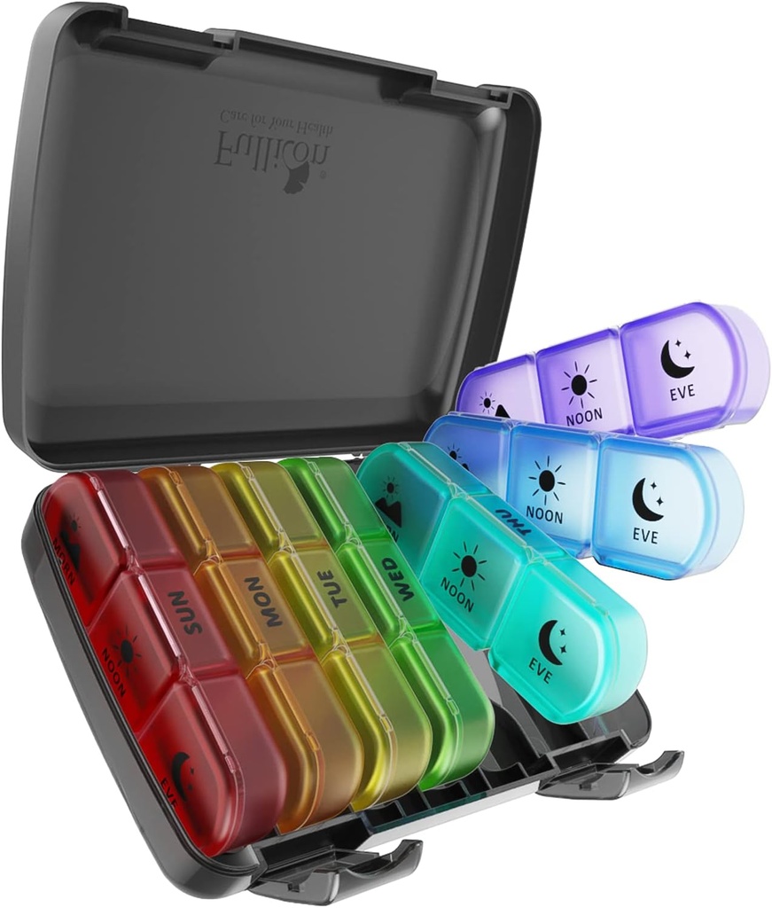 Pill Organizer 3 korda päevas, Fullicon Suur iganädalane pillide juhtum 7 päeva, igapäevane pillide karp 21 komponendiga, pillide dispenseerija pillide / vitamiini / kalaõli - mitmevärviline