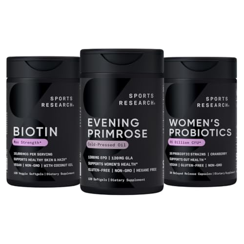 Spordiuuringute õhtune peamine toidulisand külma pressitud õlist, vegan biotiin 10 000 mcg kookosõliga ja naiste probiootikumid prebiootikumidega, 65 miljardit CFU