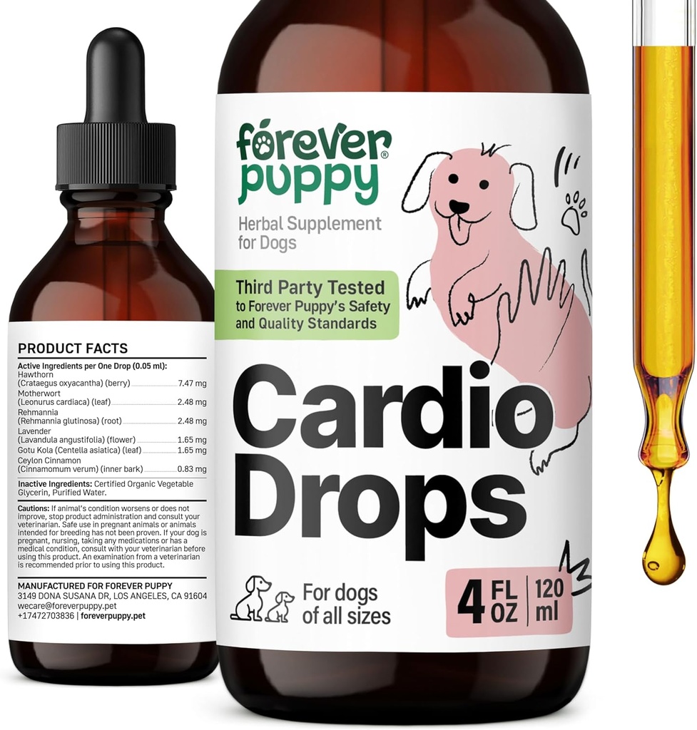 Forever Puppy Cardio Drops for Dogs - Heart Support for Dogs w/Hawthorn Berry & Motherwort Herb - Vedel Antioksüdant Supplement w/Gotu Kola Leaves & Lavendel Extract - 4 fl oz