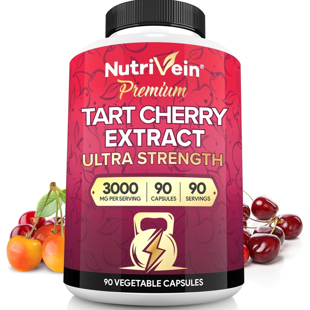 Nutrivein Premium Tart Cherry kapslid 3000mg: Ultra Strength Tart Cherry Extract Supplement for Post-Athletic Recovery, Detox, Rest & Mobility