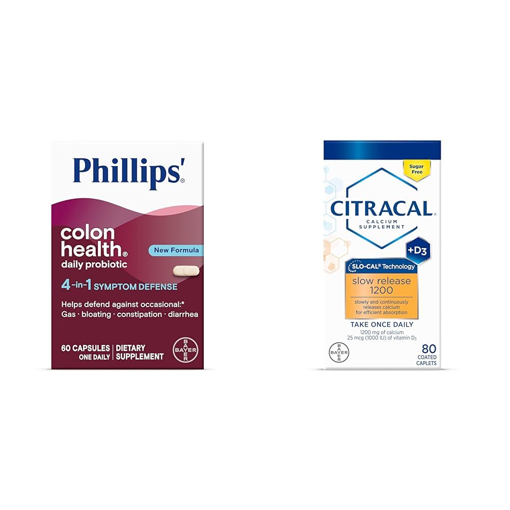 Phillips' Colon Health Daily Probiootilised kapslid, 4-in-1 Sümptom Kaitse & Citracal Slow release 1200, 1200 mg Kaltsiumtsitraat ja Kaltsiumkarbonaat segu