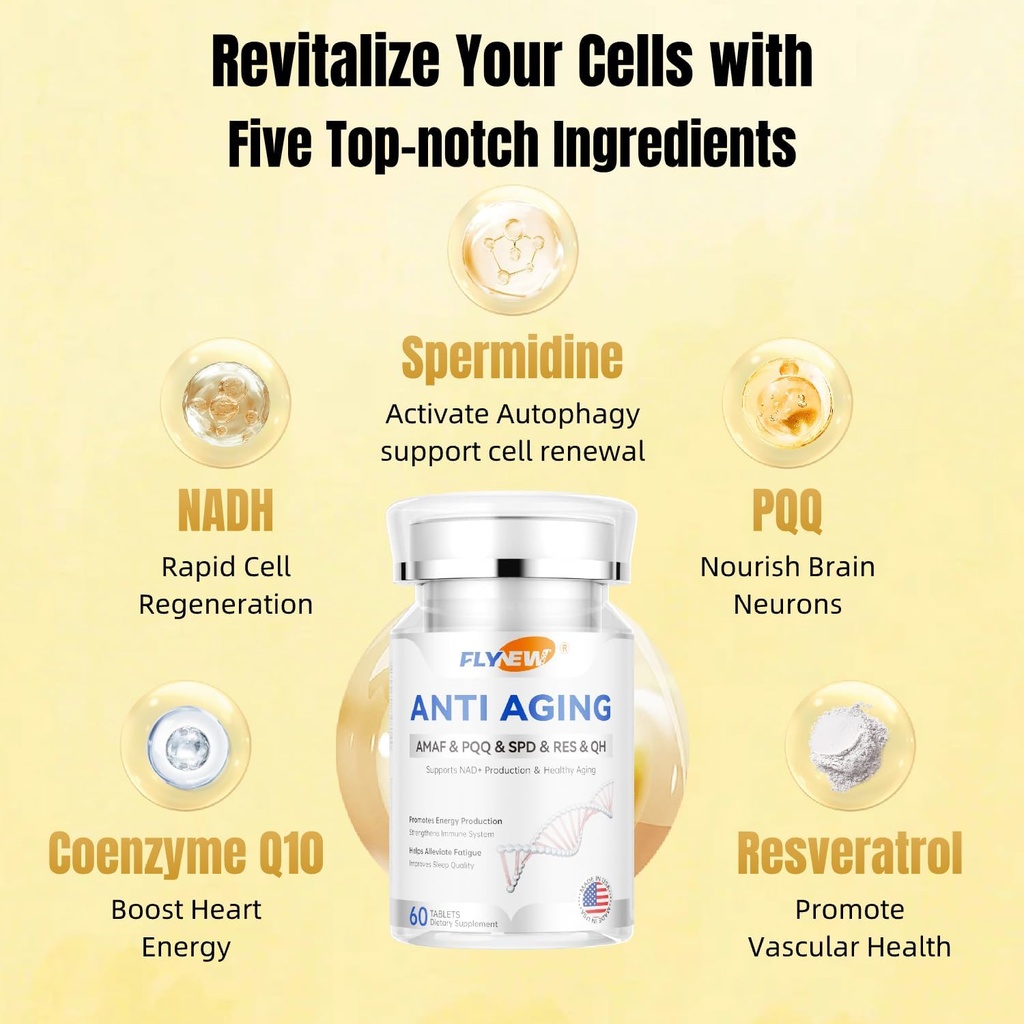Anti-Aging, Resveratrol, NADH & PQQ, Terved juuksed, nahk ja küüned, Cellular Health, Spermidine, Ubikinol, GMP, valmistatud USA 60 kapslit