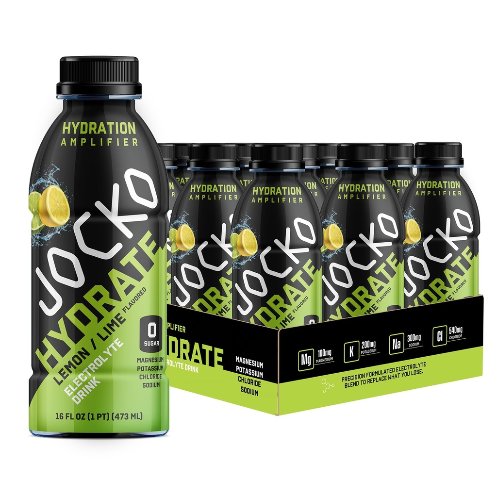 Jocko Kütusehüdraadi elektrolüütjoogid - Spordijoogi hüdratsioonivõimendi, Thirst Quencher - Teaduslikult formuleeritud elektrolüüt Blend Lemon-Lime 16 Oz (12 Pack)