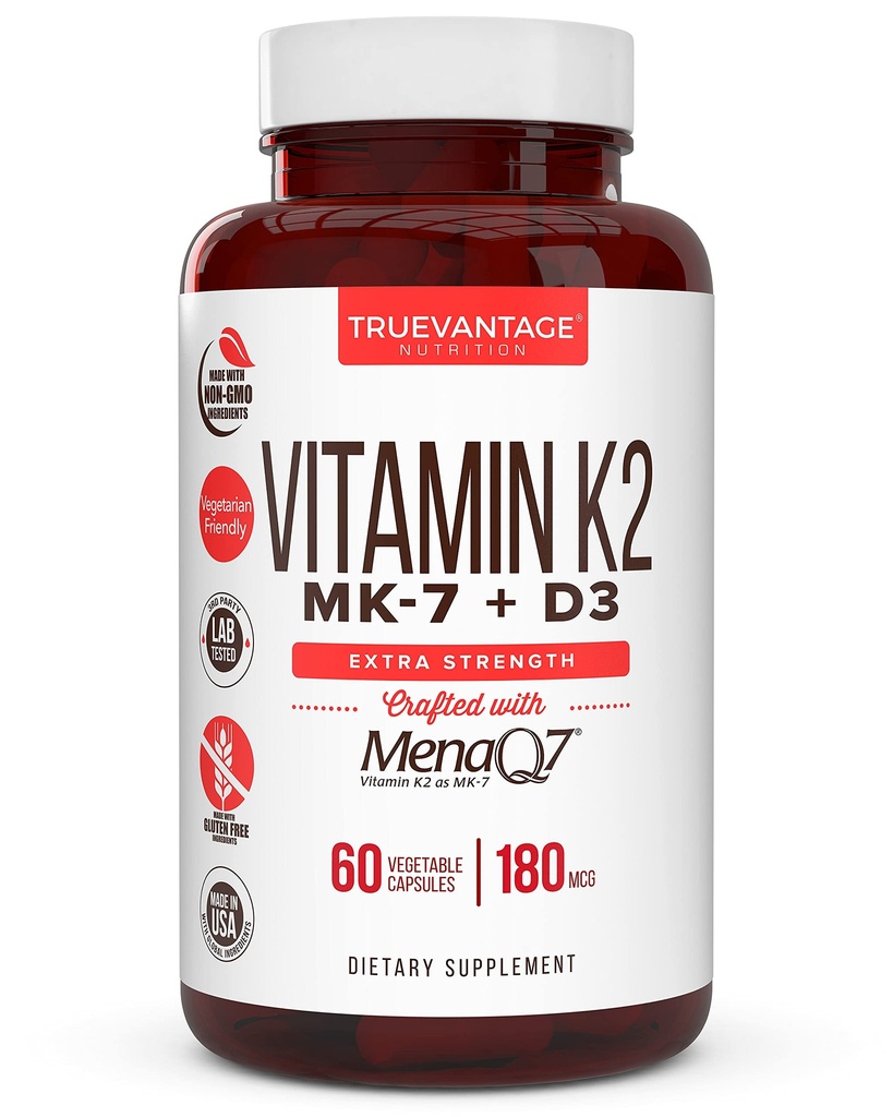 Vitamiin K2 D3 täiendus 5000 IU D3 ja 180 mcg Vitamiin k2 MK7 toidulisand tervete luude, terve südame ja südame-veresoonkonna tervise-60 Lihtne neelata köögiviljade korgid MenaQ7 K2 MK7
