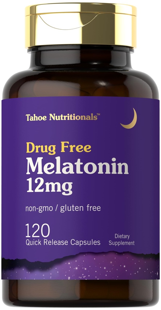 Tahoe Nutritionals Melatoniin 12 mg | 120 kiirvabastuskapslid | Ravimivaba toidulisand | Mitte-GMO, Gluteenivaba
