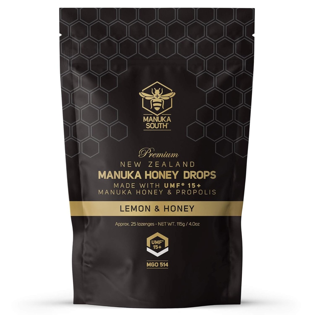 Manuka Honey tilgad UMF 15+ / MGO 514+ & Propolis tilgad valmistatud Uus-Meremaal - looduslikud koostisosad - rahustavad tilgad - sidrun ja mesi maitse - 25 tilka