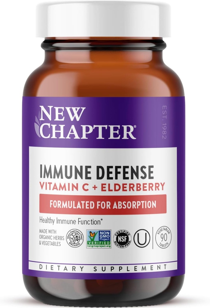 New Chapter® Vitamin C Immune Defense Supplement + Elderberry – Excellent Source of Vitamin C, One Daily Tablet for Healthy Immune Support, Made with Organic Herbs, Non-GMO, Gluten Free, 90 ct