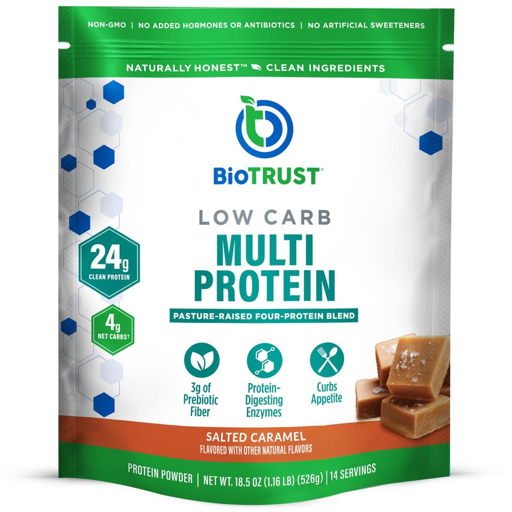 BioTrust Low Carb Protein Pulber - Tervislik Isoleeritud vadakuvalgu pulber ja kaseiinisegu rohttoidust, karjamaal kasvatatud veised, pluss seedeensüümid - Soolatud karamelli, 14 Servingut