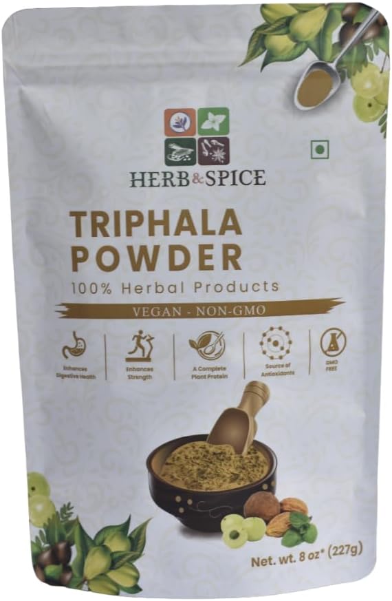Triphala pulber Mitte-GMO, Gluteenivaba, 100% toores, Allikas Indiast, Amla taimsed valemid, Haritaki, Bibhitaki, pakendatud taassuletavasse Zip Lock Pouch (227 Gram)