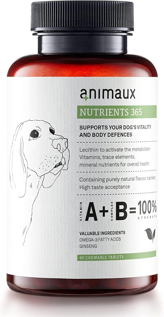 animaux - toitained 365 koertele, looduslikud vitamiinid, tervislik immuunsussüsteem, vitaalsus, tervislik nahk, läikiv karv, toortoit, kutsikad, allergiaga koerad, 60 närimistabletti, 60 päeva pakkumine