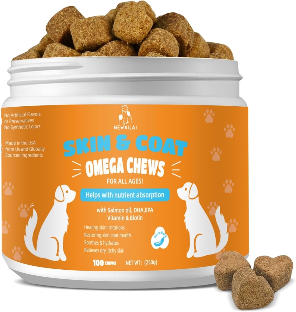 Naha ja mantli närimiskoogid koertele - sügelevad nahad Koerte lisand Hot Spots Comfort ja Shedding Allergia Ühistervis Omega 3 kalaõli, EPA & DHA rasvhapetega, Bacon Flavor 100 Count Softs ravib