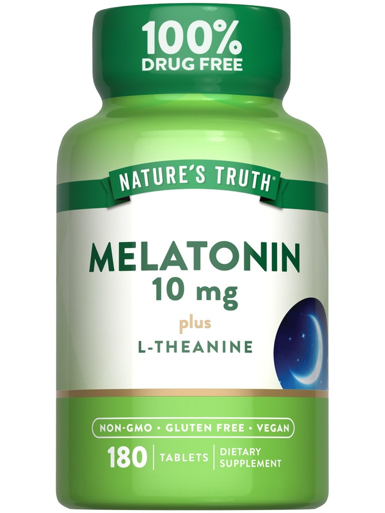 Nature's Truth Melatoniini tabletid | 10mg | 180 Count | koos L-Theanine | 100% Ravimivaba toidulisand täiskasvanutele | Vegan, mitte-GMO ja gluteeni tasuta toidulisand