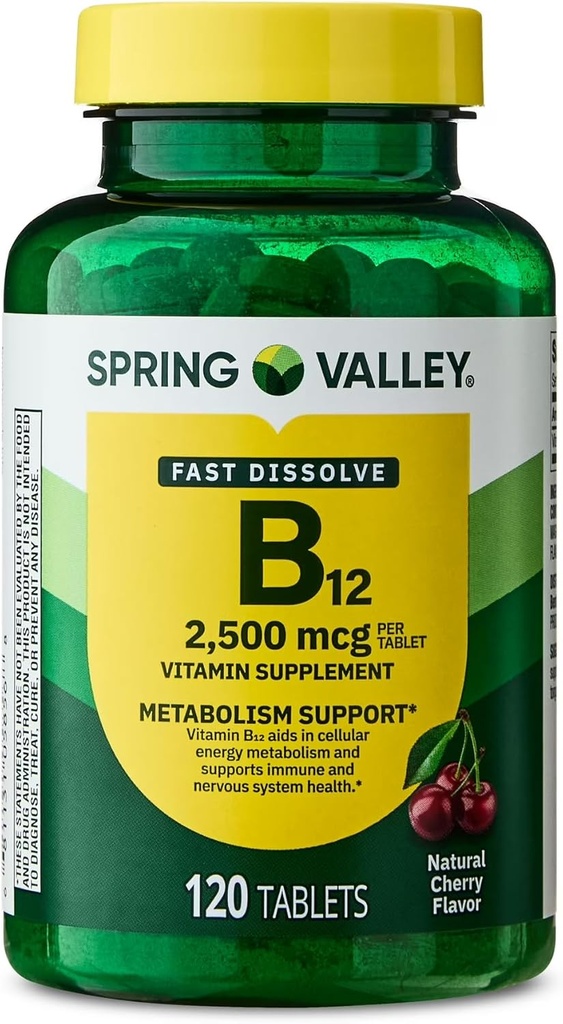 Spring Valley, Vitamin B12 2500 MCG, B12 Quick-Dissolve Cherry Flavor Tablets Dietary Supplement, Vitamin B12, 120 Count - New Look (Pack of 1)