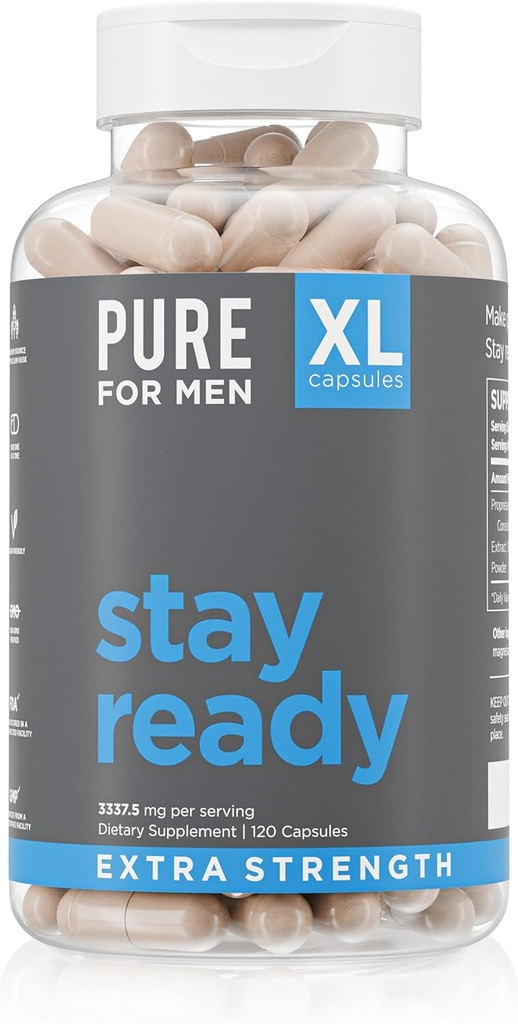 Pure for Men Stay Ready Fiber Extra Strength Supplement | Seedehäired Regularity | Soolestiku Liikumine & Soolestiku Tervise Tugi | Vegan Puhtus | Proprietary Formula | 120 Vegan XL kapslid