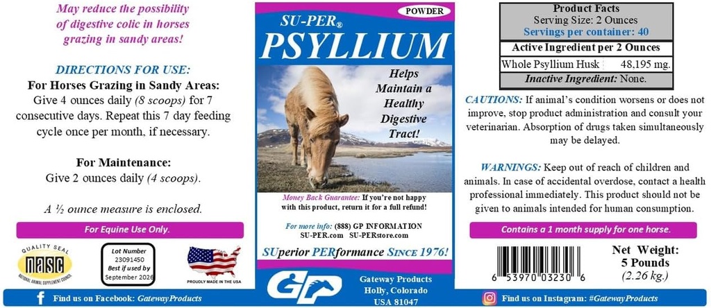 SU-PER Psyllium Horse Seedimise Täiendus - Säilitab Tervislik Seedetrakt Hobustel - Toetab Liiva ja mustuse eemaldamist soolestikust - 5 naela, (2 Pack)
