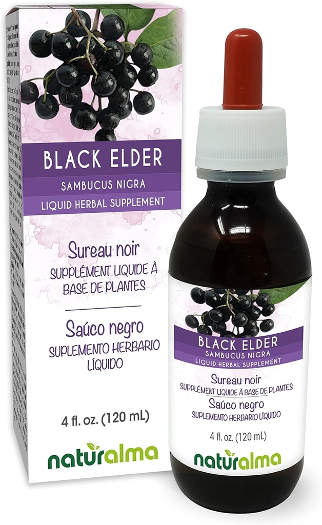 Naturalma Black Elder (Sambucus nigra) Lill (Musta leedripuu) ja puuvili (Musta leedripuu) Alkoholivaba tinktuur - 4 fl oz Vedel ekstrakt tilkades - Taimne täiendus - Vegan