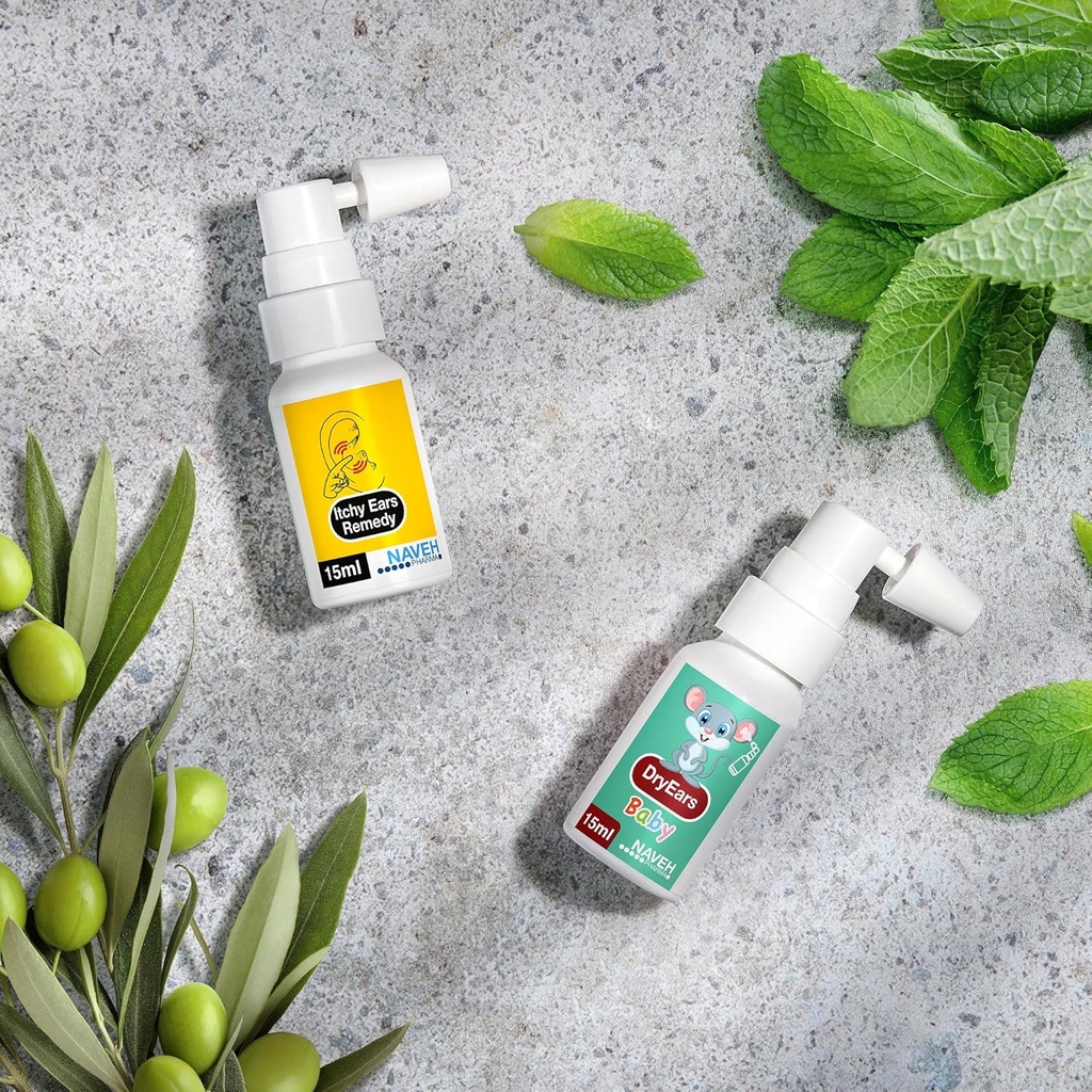 NAVEH PHARMA Kõrvade sügelemine Kõrvade puhastamine ja sügelusreljeef (0,5 fl oz) + NAVEH PHARMA Kuivad kõrvad Baby - Ujujad Kõrva tilgad Spray (0,5 fl oz)