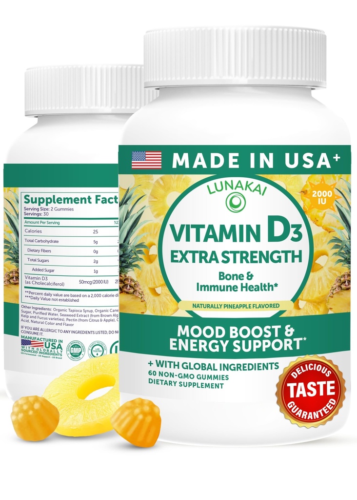 Lunakai USA Valmistatud Vitamiin D3 Gummies 2000 RÜ - Mitte-GMO, Gluteenivaba D-vitamiini Gummies Naistele Ja Meestele - Luu, Immuunsuse Ja Energia Toetus, 60 Ct