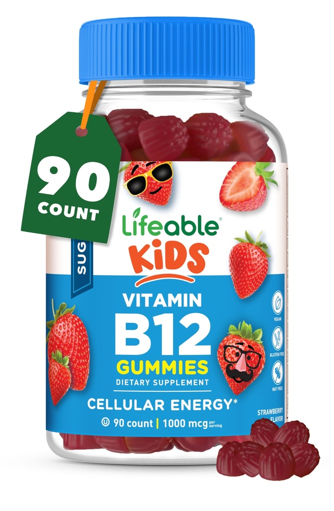Elujõulised Suhkruvabad Lapsed Vitamiin B12 Kummid | 1000 mcg | Suurepärane maitse B12 vitamiinid lastele | Energia, meeleolu ja ainevahetuse toetamine | B 12 vitamiinikummid poistele ja tüdrukutele | 90 kummikuid
