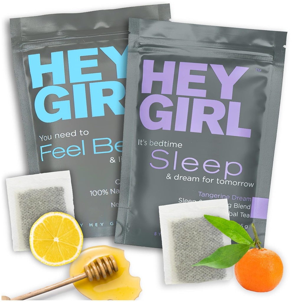 Hey Girl Sleep + Feel Better Tee Bundle - Sleep Tea w / Camomile, Valerian Root & Sidrun Balm teekotid + tunne parem Taimne tee Echinacea, Elderberry, C-vitamiin